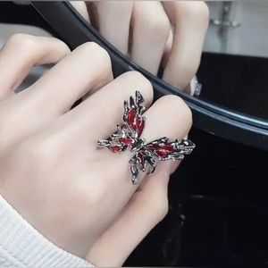 Butterfly Statement Ring Womens Big Large Silver Red New Adjustable